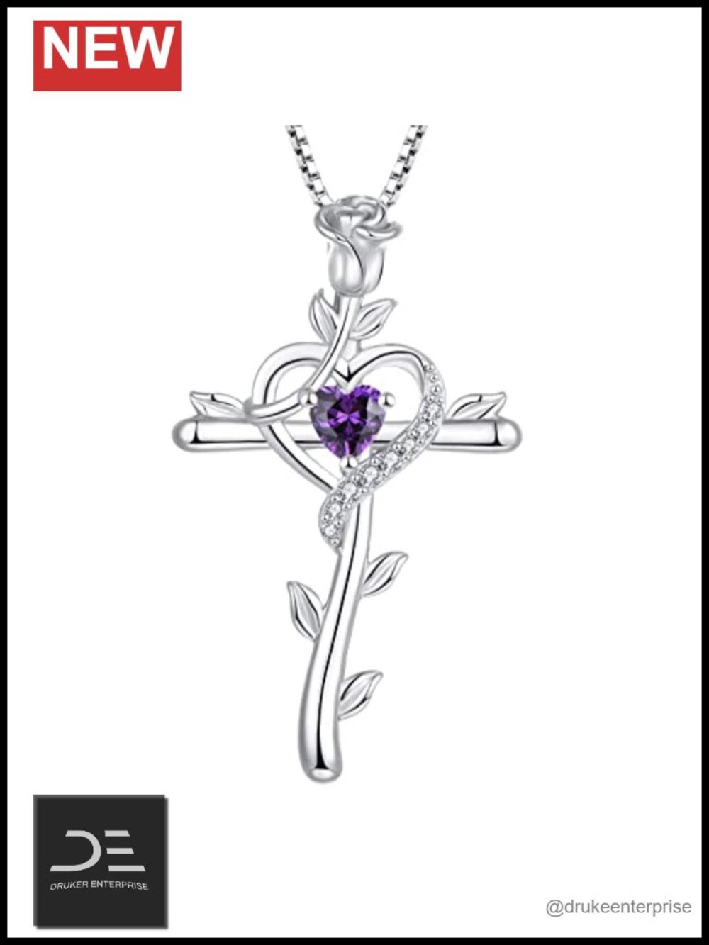 925 Sterling Silver Rose Cross Pendant Necklace 18 Inch Box Chain